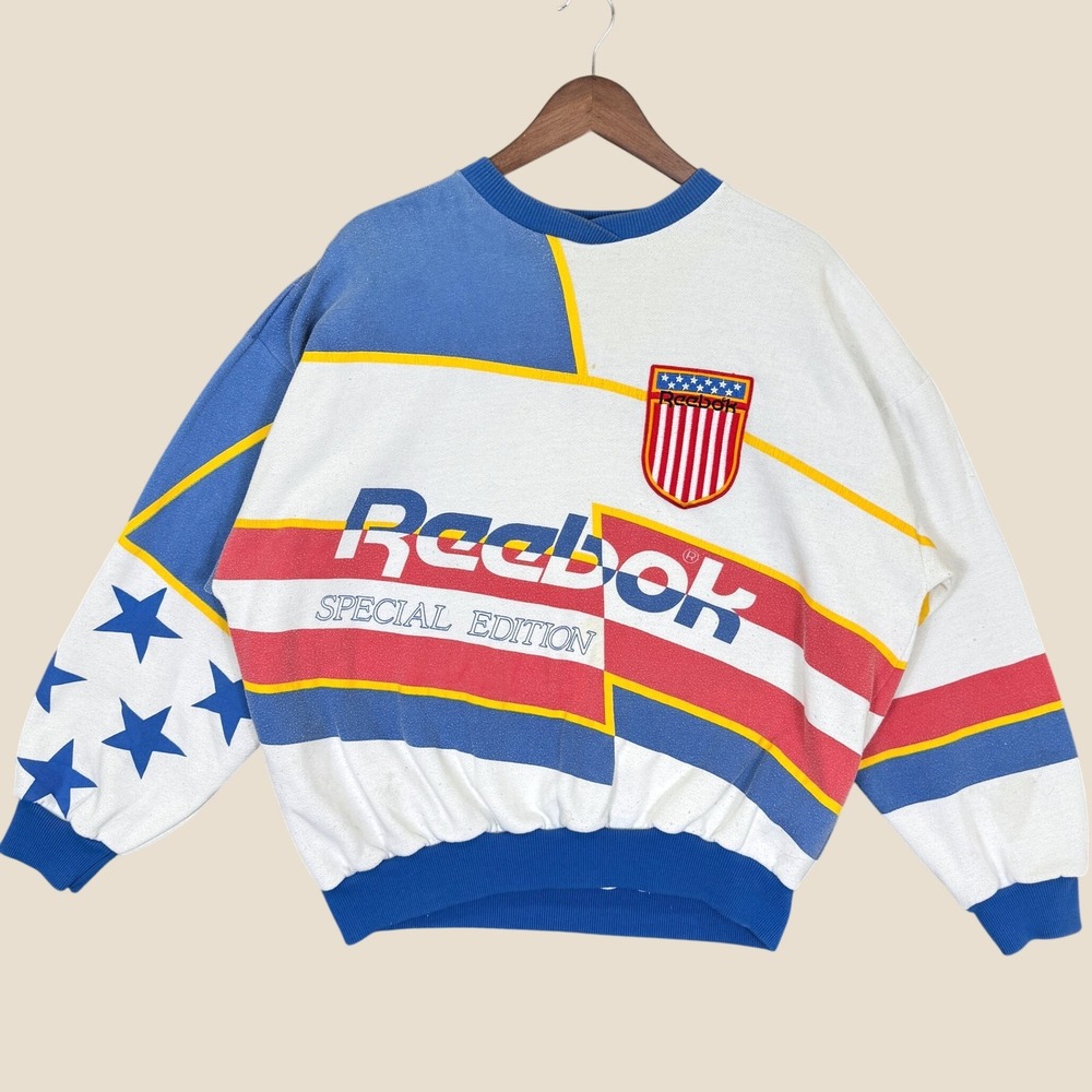 RARE Vintage Reebok World Record Sweatshirt Men L White Boxy Special Edition USA